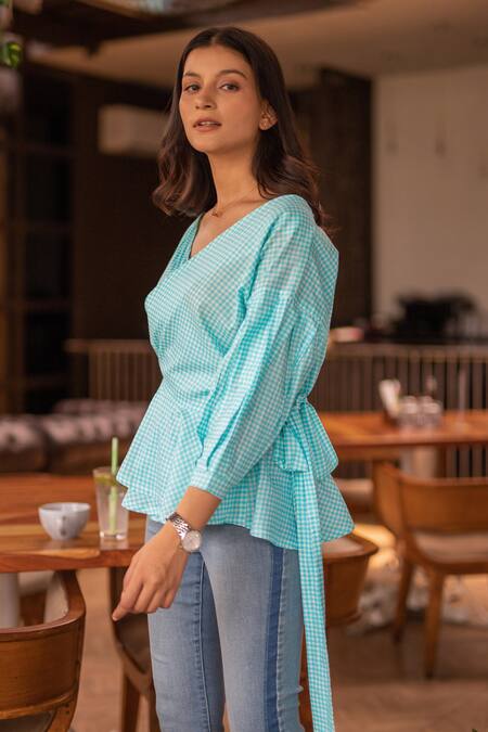 Buy B'Infinite Blue Cotton Chequered V Neck Pattern Overlap Top Online at Aza Fashions Buy_B'Infinite_Blue Cotton Chequered V Neck Pattern Overlap Top_Online_at_Aza_Fashions