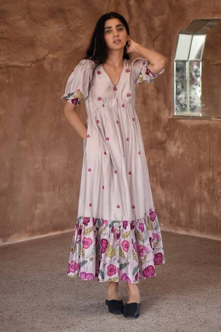 Taro_Grey Chanderi Silk Embroidery V-neck Puff Sleeve Floral Print Dress _Online_at_Aza_Fashions