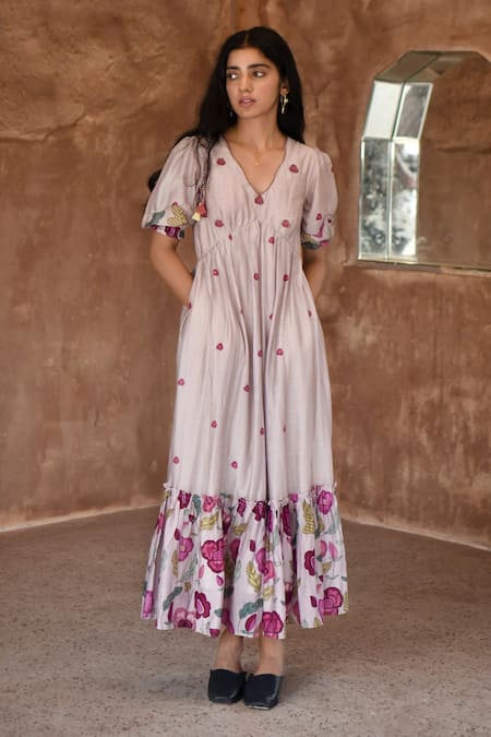 Buy_Taro_Grey Chanderi Silk Embroidery V-neck Puff Sleeve Floral Print Dress _Online_at_Aza_Fashions