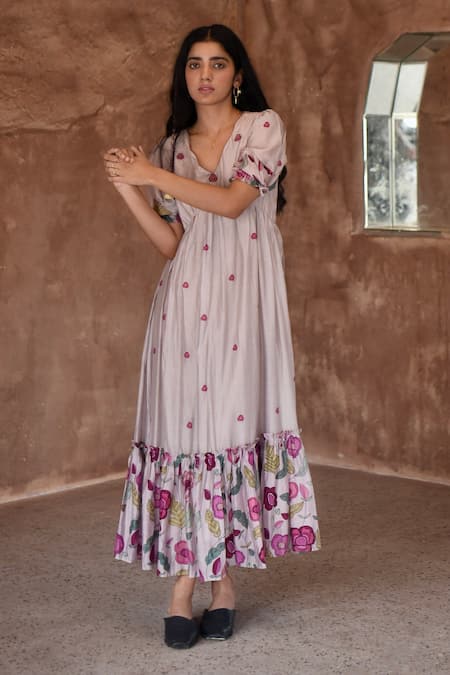 Shop_Taro_Grey Chanderi Silk Embroidery V-neck Puff Sleeve Floral Print Dress _Online_at_Aza_Fashions