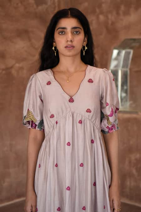 Taro_Grey Chanderi Silk Embroidery V-neck Puff Sleeve Floral Print Dress _at_Aza_Fashions