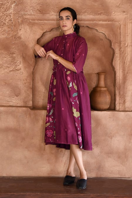 Taro_Wine Chanderi Silk, Cotton Bandeau Neck Mahogany Floral Print Dress _Online_at_Aza_Fashions
