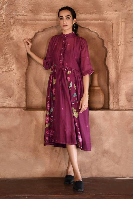 Buy_Taro_Wine Chanderi Silk, Cotton Bandeau Neck Mahogany Floral Print Dress _Online_at_Aza_Fashions