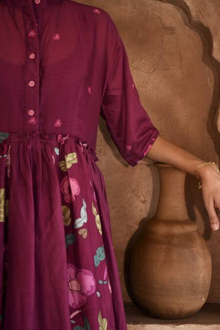Shop_Taro_Wine Chanderi Silk, Cotton Bandeau Neck Mahogany Floral Print Dress _Online_at_Aza_Fashions