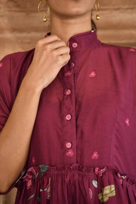 Taro_Wine Chanderi Silk, Cotton Bandeau Neck Mahogany Floral Print Dress _at_Aza_Fashions
