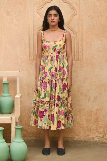 Buy_Taro_Yellow Muslin Square Neck Grapefruit Tiered Floral Print Dress _Online_at_Aza_Fashions