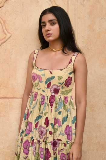 Shop_Taro_Yellow Muslin Square Neck Grapefruit Tiered Floral Print Dress _Online_at_Aza_Fashions