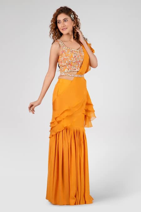 Suruchi Parakh Yellow And Georgette Beads & Ruffle Pre-draped Saree With Blouse Online at Aza Fashions Suruchi Parakh_Yellow And Georgette Beads & Ruffle Pre-draped Saree With Blouse_Online_at_Aza_Fashions