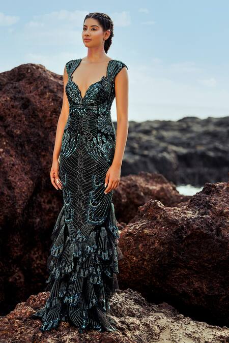 Bhawna Rao_Green Silk, Tulle Sequins, Beads Boat Neck Embroidered Fish-cut Panelled Gown _Online_at_Aza_Fashions