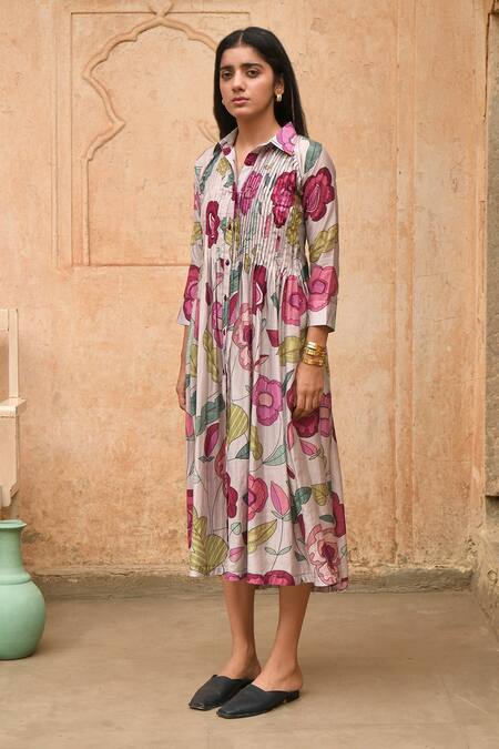 Taro_Grey Chanderi Silk Collared Magnolia Printed Shirt Dress _Online_at_Aza_Fashions