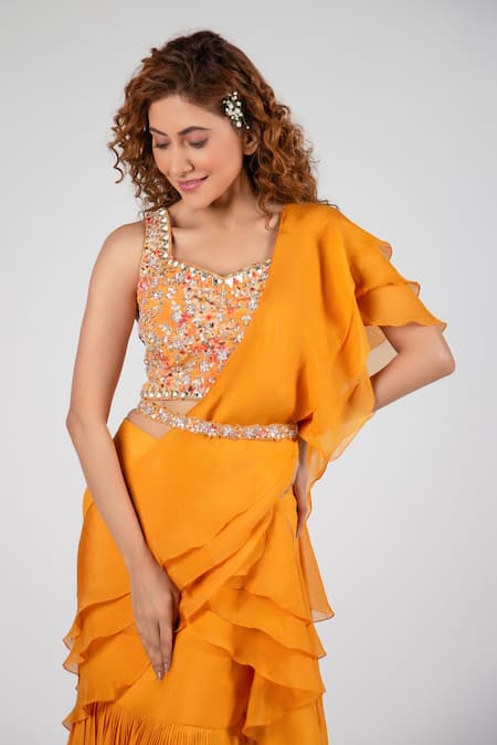 Buy Suruchi Parakh Yellow And Georgette Beads & Ruffle Pre-draped Saree With Blouse Online at Aza Fashions Buy_Suruchi Parakh_Yellow And Georgette Beads & Ruffle Pre-draped Saree With Blouse_Online_at_Aza_Fashions