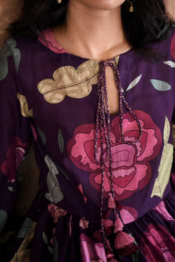 Taro_Purple Chanderi Silk Split V-neck Floral Print Tiered Dress _Online_at_Aza_Fashions