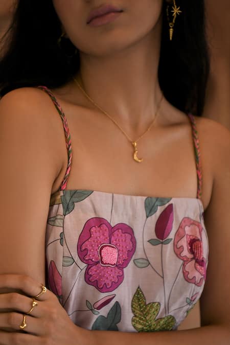 Buy_Taro_Grey Chanderi Silk Beads Square Neck Floral Pearl Tiered Dress _Online_at_Aza_Fashions