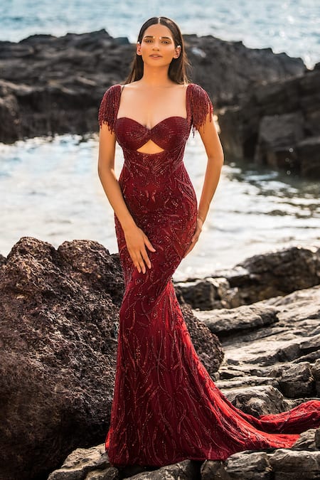 Shop_Bhawna Rao_Red Silk, Tulle Sequins, Fringe Embroidered Waist Cutout Fist Cut Gown _Online_at_Aza_Fashions