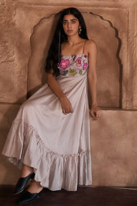 Shop_Taro_Grey Chanderi Silk Beads Square Neck Floral Pearl Tiered Dress _Online_at_Aza_Fashions