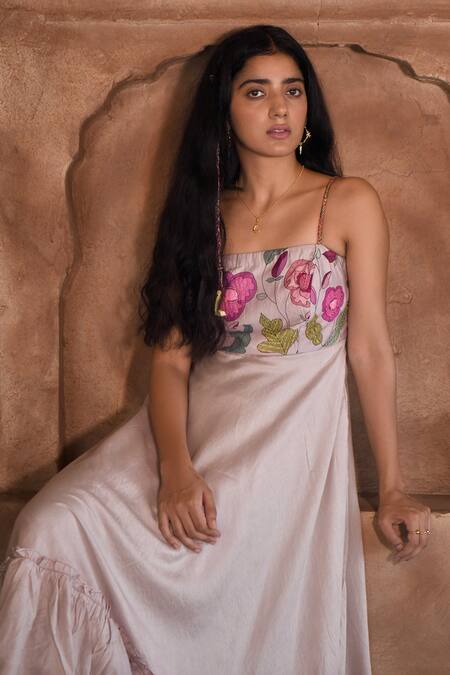 Taro_Grey Chanderi Silk Beads Square Neck Floral Pearl Tiered Dress _at_Aza_Fashions