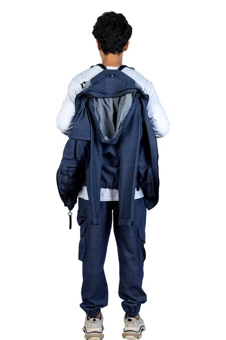Theorem_Blue Cotton, Denim Modular Exploration Summer Backpack Jacket _at_Aza_Fashions