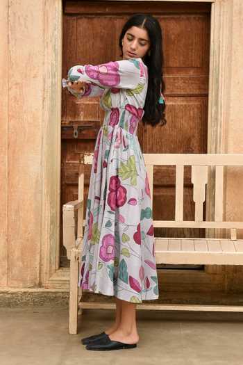 Taro_Grey Cotton, Muslin Smocking Square Neck Fossil Bloom Floral Print Midi Dress _Online_at_Aza_Fashions