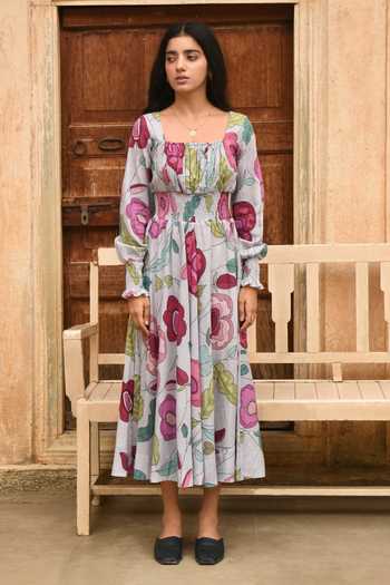 Buy_Taro_Grey Cotton, Muslin Smocking Square Neck Fossil Bloom Floral Print Midi Dress _Online_at_Aza_Fashions