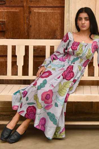 Shop_Taro_Grey Cotton, Muslin Smocking Square Neck Fossil Bloom Floral Print Midi Dress _Online_at_Aza_Fashions