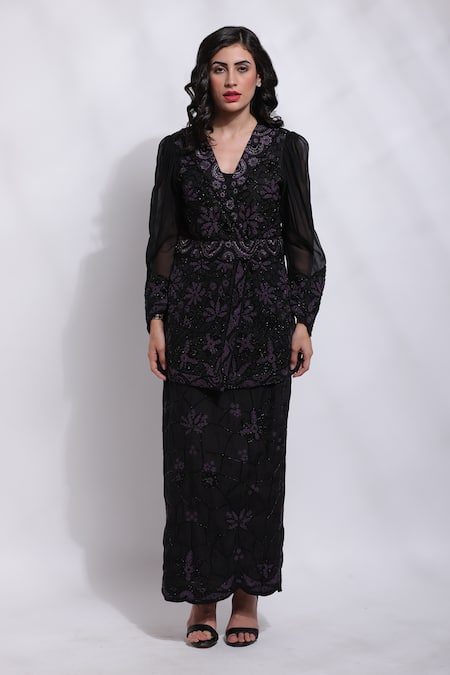 Sonali Gupta_White Silk, Cotton Embroidery Collared Floral Jacket And Skirt Set _Online_at_Aza_Fashions