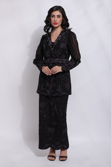 Buy_Sonali Gupta_White Silk, Cotton Embroidery Collared Floral Jacket And Skirt Set _Online_at_Aza_Fashions