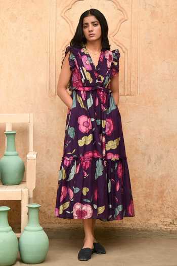 Taro_Purple Chanderi Silk V-neck Foliage Print Midi Dress _Online_at_Aza_Fashions