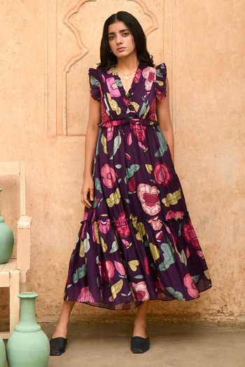 Buy_Taro_Purple Chanderi Silk V-neck Foliage Print Midi Dress _Online_at_Aza_Fashions
