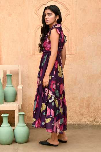 Shop_Taro_Purple Chanderi Silk V-neck Foliage Print Midi Dress _Online_at_Aza_Fashions