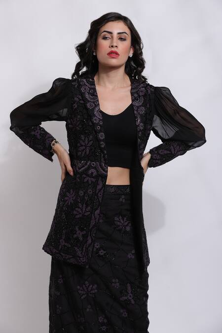 Shop_Sonali Gupta_White Silk, Cotton Embroidery Collared Floral Jacket And Skirt Set _Online_at_Aza_Fashions