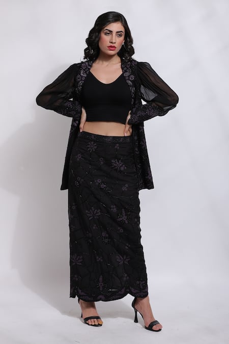 Sonali Gupta_White Silk, Cotton Embroidery Collared Floral Jacket And Skirt Set _at_Aza_Fashions