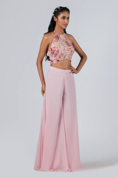 Suruchi Parakh_Pink And Georgette Beads & Thread, Neck Crop Top & Flared Pant Set _Online_at_Aza_Fashions