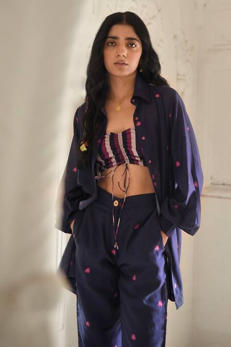 Taro_Blue Chanderi Silk Printed Floral And Stripe Shirt Collar Iris Pant Set _Online_at_Aza_Fashions