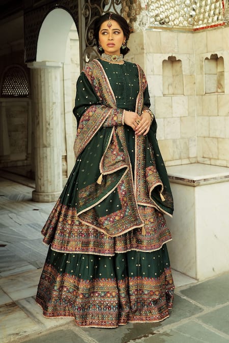 Buy_Safaa_Green Velvet, Silk, Velour Embroidery Round The Nazneen Anarkali Lehenga Set _Online_at_Aza_Fashions