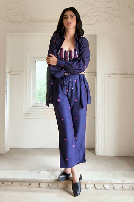 Buy_Taro_Blue Chanderi Silk Printed Floral And Stripe Shirt Collar Iris Pant Set _Online_at_Aza_Fashions