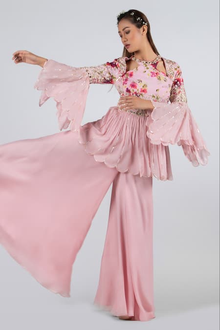 Suruchi Parakh Pink And Georgette Beads & Thread, Peplum Tunic & Flared Pant Set Online at Aza Fashions Suruchi Parakh_Pink And Georgette Beads & Thread, Peplum Tunic & Flared Pant Set _Online_at_Aza_Fashions