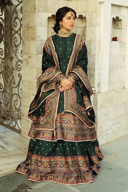 Shop_Safaa_Green Velvet, Silk, Velour Embroidery Round The Nazneen Anarkali Lehenga Set _Online_at_Aza_Fashions