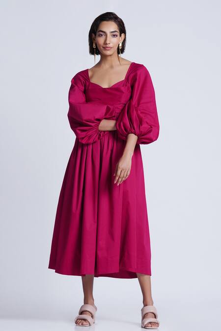 Buy_Ekastories_Pink Cotton Sweetheart Neck Lady Margaret Waist Cutout Dress_Online_at_Aza_Fashions