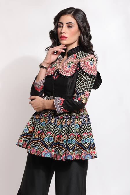 Sonali Gupta_Black Silk Hand Embroidered Zari Frill Neck Jaal Jacket And Sharara Set  _at_Aza_Fashions