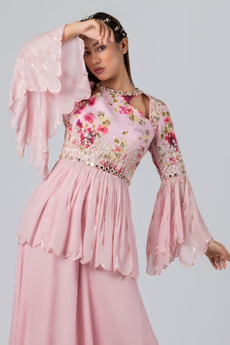 Buy Suruchi Parakh Pink And Georgette Beads & Thread, Peplum Tunic & Flared Pant Set Online at Aza Fashions Buy_Suruchi Parakh_Pink And Georgette Beads & Thread, Peplum Tunic & Flared Pant Set _Online_at_Aza_Fashions