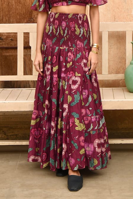 Taro_Red Chanderi Silk Merlot Printed Skirt _Online_at_Aza_Fashions