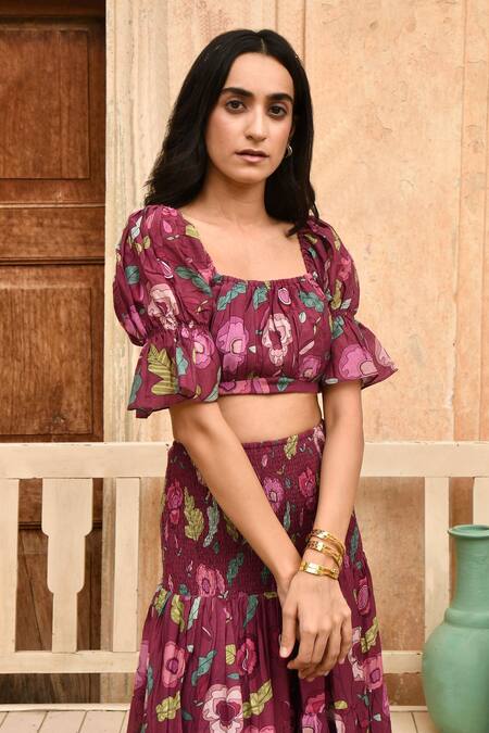 Taro_Wine Chanderi Silk Square Neck Merlot Floral Print Crop Top _Online_at_Aza_Fashions