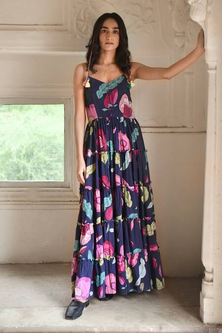 Taro_Blue Muslin V-neck Mulmul Floral Print Maxi Dress _Online_at_Aza_Fashions