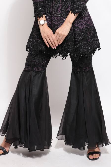 Shop_Sonali Gupta_Black 25% Silk Hand Embroidered Aari And Peplum Kurta & Sharara Set  _Online_at_Aza_Fashions