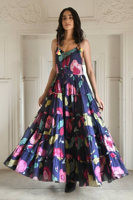 Shop_Taro_Blue Muslin V-neck Mulmul Floral Print Maxi Dress _Online_at_Aza_Fashions