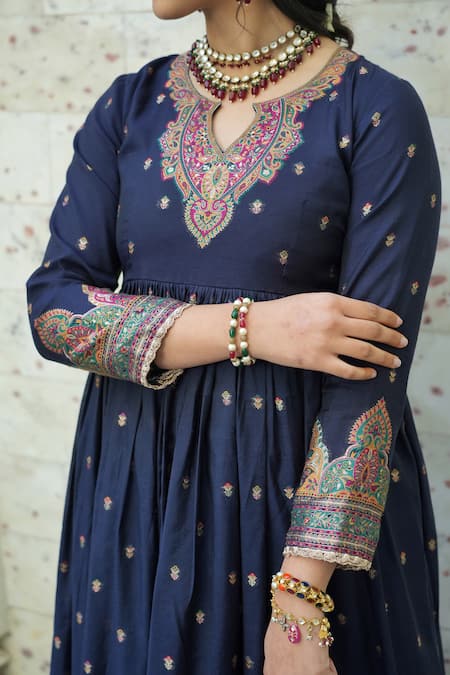 Safaa_Blue Vegan Silk Lining Shantoon Woven Floral Motifs The Shaima Anarkali Set _Online_at_Aza_Fashions