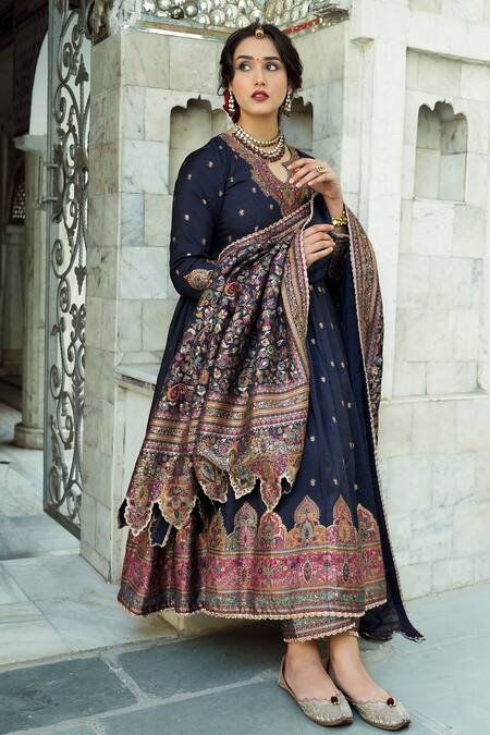 Buy_Safaa_Blue Vegan Silk Lining Shantoon Woven Floral Motifs The Shaima Anarkali Set _Online_at_Aza_Fashions