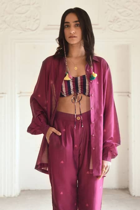 Taro_Red Chanderi Silk Embroidery Collared, Mahogany Printed Shirt Pant Set _Online_at_Aza_Fashions