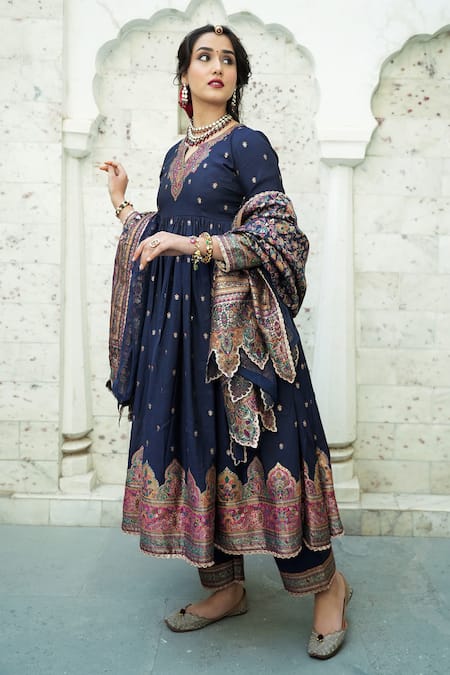 Shop_Safaa_Blue Vegan Silk Lining Shantoon Woven Floral Motifs The Shaima Anarkali Set _Online_at_Aza_Fashions
