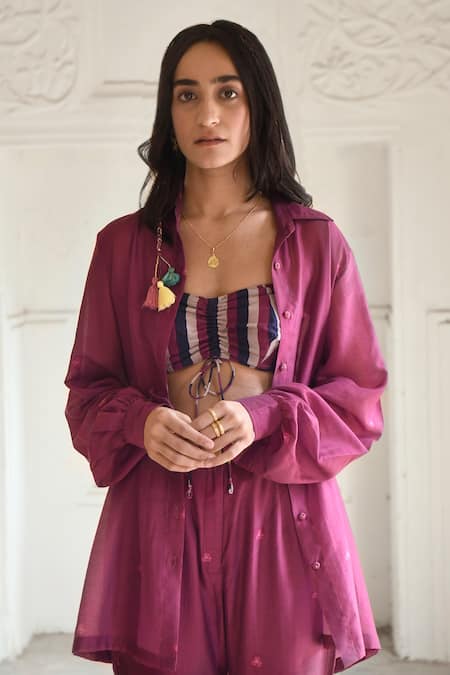 Buy_Taro_Red Chanderi Silk Embroidery Collared, Mahogany Printed Shirt Pant Set _Online_at_Aza_Fashions